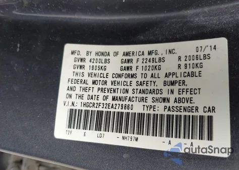 2014 Honda Accord Lx из США, поврежденный, VIN 1HGCR2F32EA279860